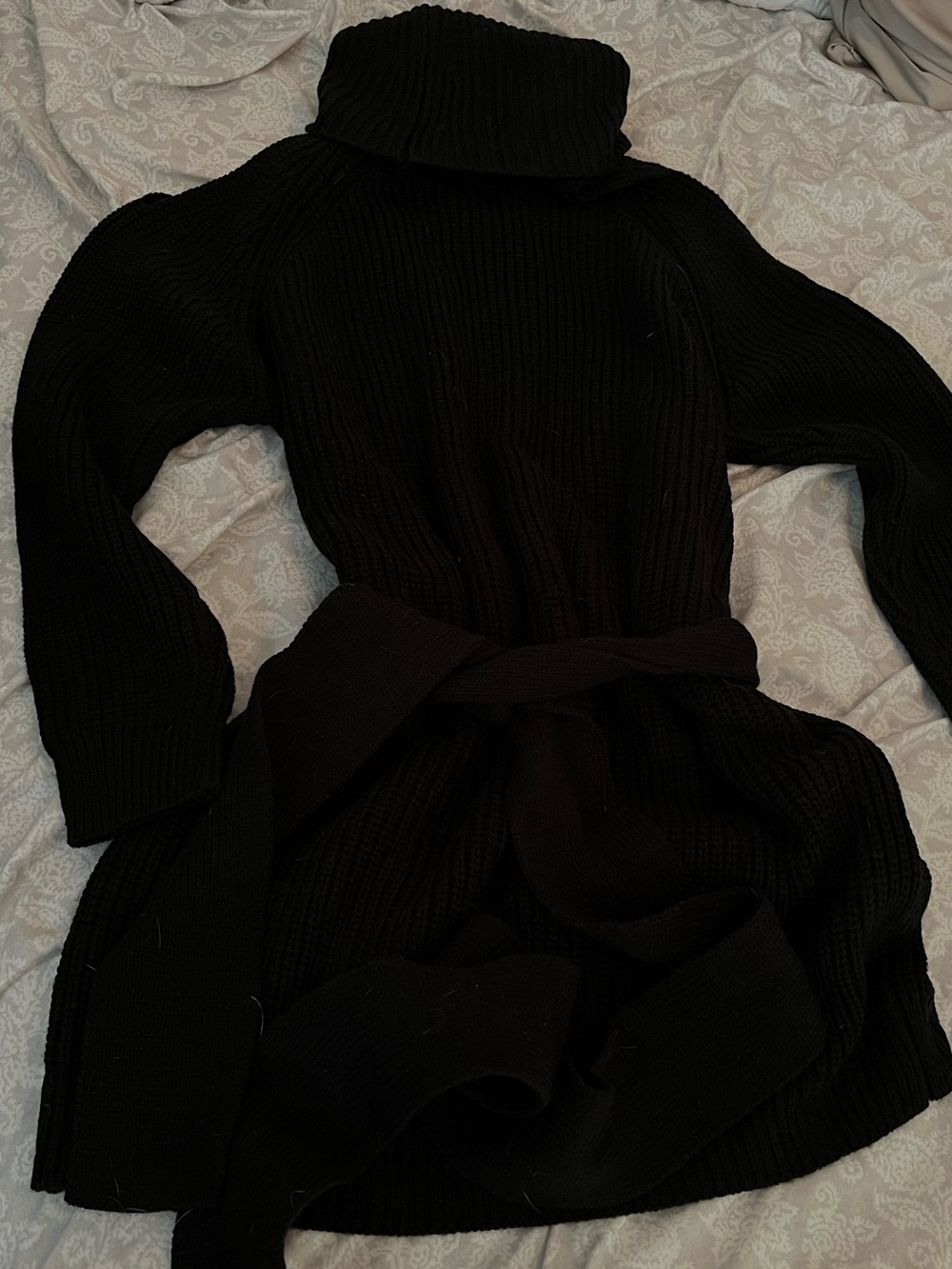 Lulu's Black Ribbed Turtleneck Sweater Dress with Self-Tie Belt